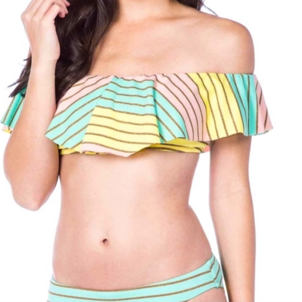 TRINA TURK - Ruffle Striped Off the Shoulder Bandeau Bikini